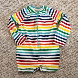 NWOT Primary Baby - Rainbow Stripe Zip-Front Rashguard Swim Romper - Boy or Girl